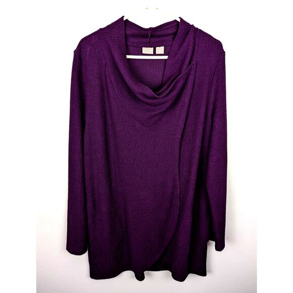 Chico's Zynergy Plum Sz2Waffle weave long cardigan/jacket cowl snap neckline GUC - Picture 1 of 9